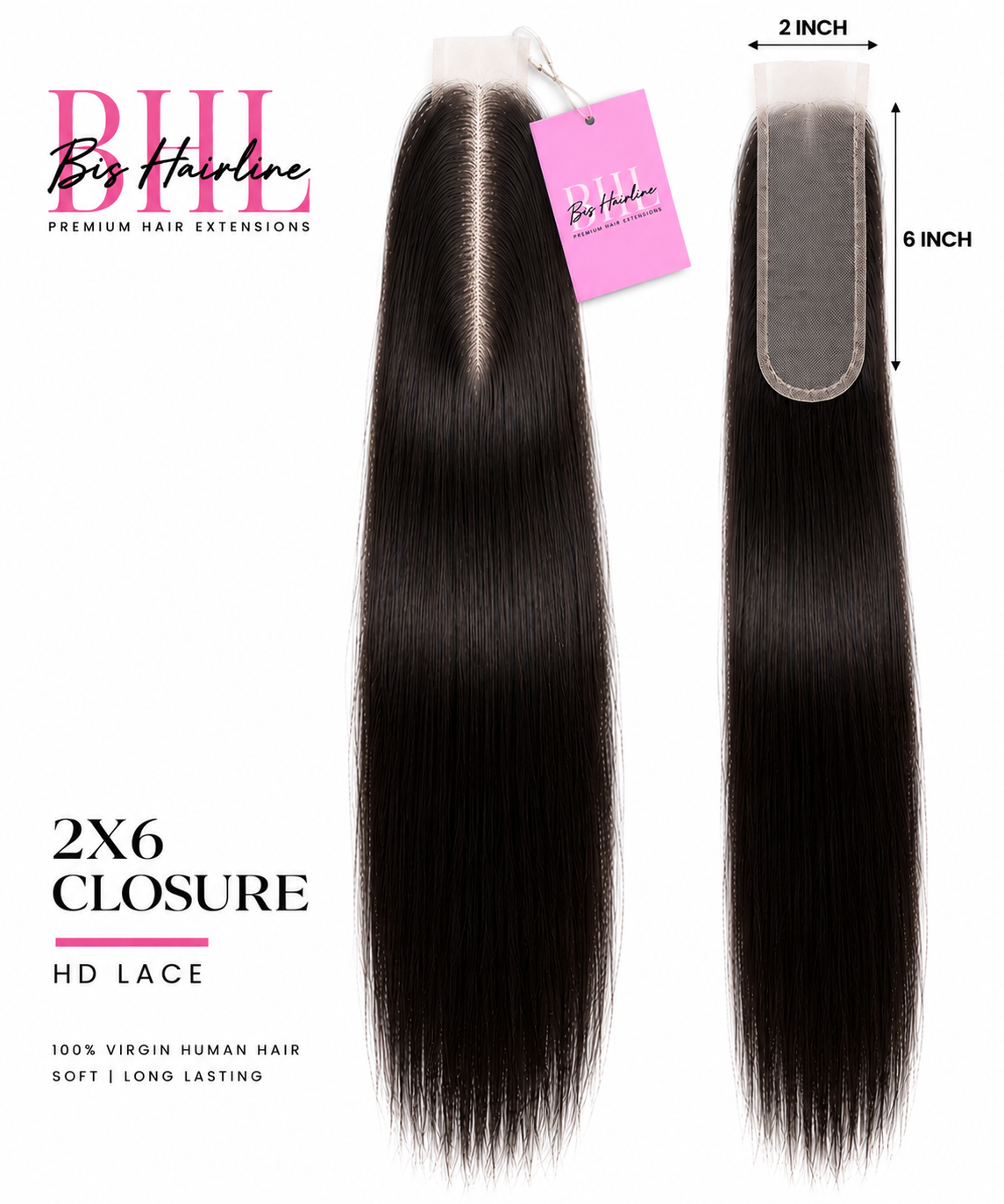 HD lace closure 2x6 in straight, Bis Hairline
