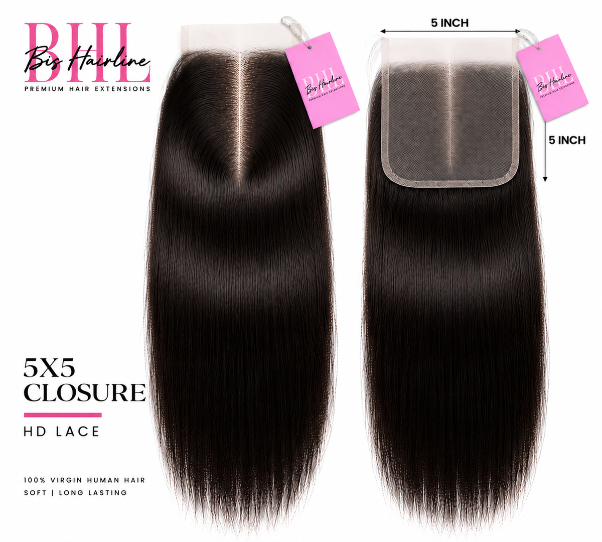 HD lace closure 5x5 in straight, Bis Hairline