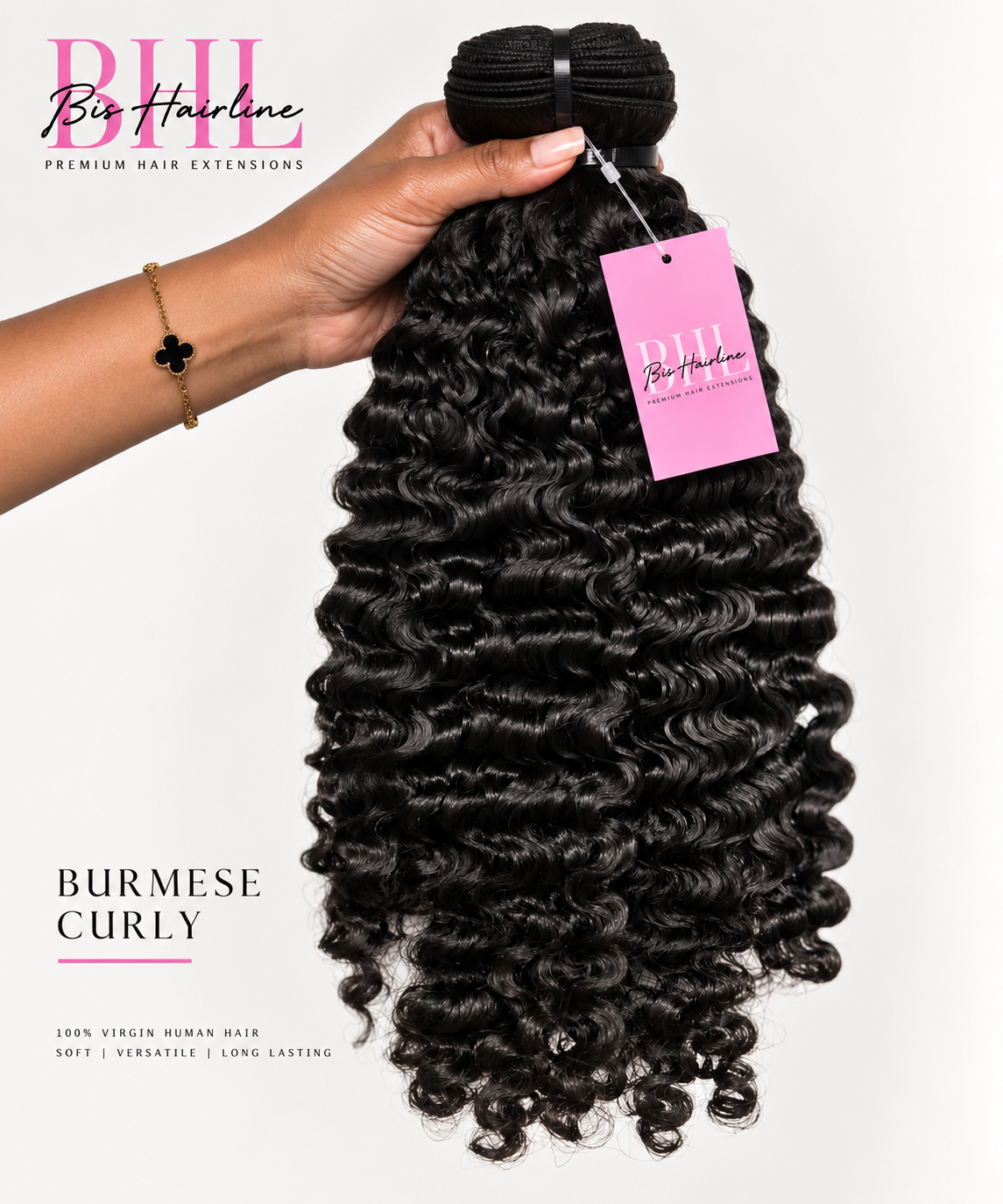 Burmese curly virgin hair bundle held in hand, Bis Hairline