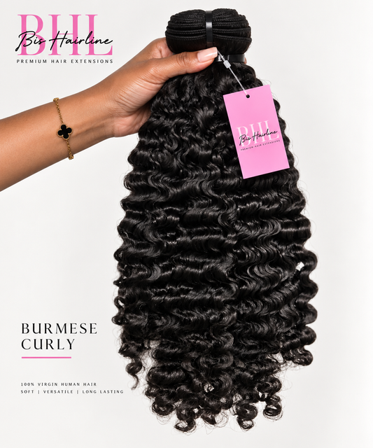 Burmese curly virgin hair bundle held in hand, Bis Hairline
