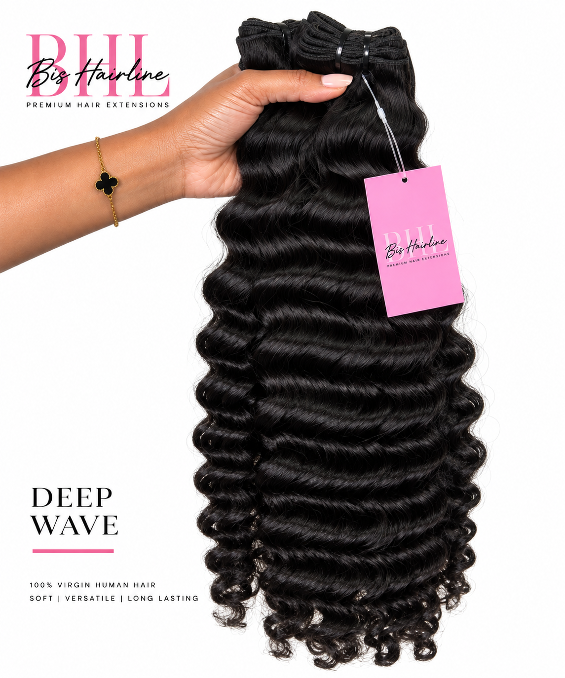 Deep wave virgin hair bundle held in hand, Bis Hairline