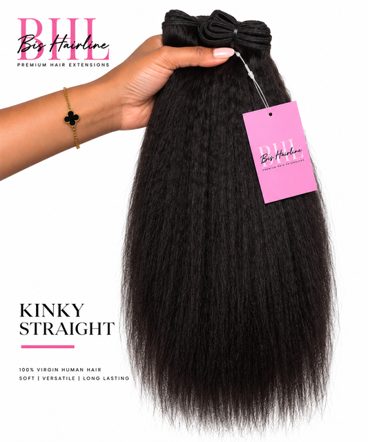 Kinky straight (yaki) virgin hair bundle held in hand, Bis Hairline