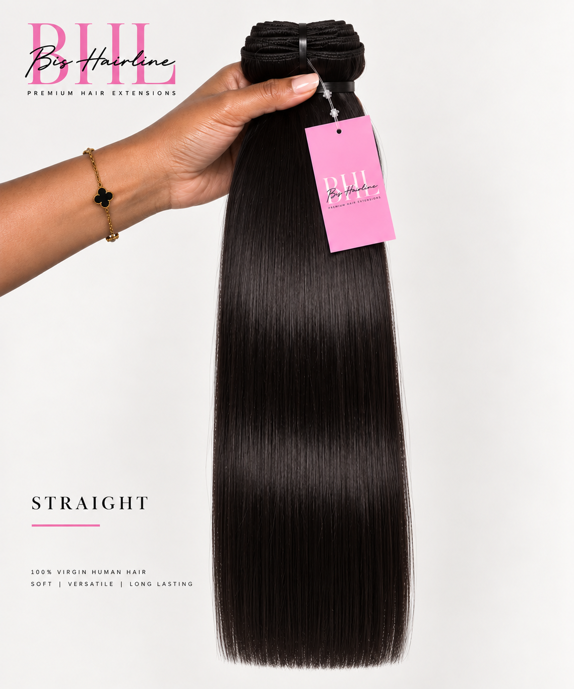 Straight virgin hair bundle held in hand, Bis Hairline